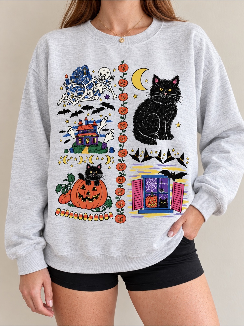 Halloween Black Cat Unisex Sweatshirt Ghost Pumpkin Crewneck